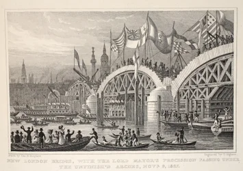 Nuevo Puente de Londres, con la Procesión del Alcalde pasando bajo los Arcos Inacabados, 8-9 de noviembre de 1827, de 